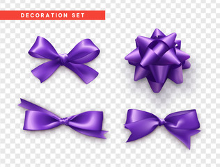 Bows purple realistic design. Isolated gift bows with ribbons.