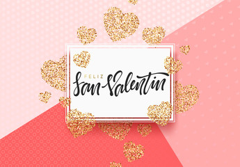 Spanish lettering Feliz San Valentin, greeting card on golden bright heart background. Festive banner and poster.