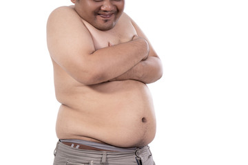 portrait of fat man shy because excess fat that has around his waist