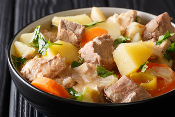 German soup Pichelsteiner or Bismarck stew with vegetables and three kinds of meat close-up in a...