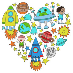 Fototapeta premium Vector set of space elements icons in doodle style. Painted, colorful, pictures on a piece of paper on white background.