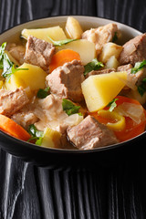 German stew Pihelsteiner with vegetables and three kinds of meat close-up in a bowl. vertical