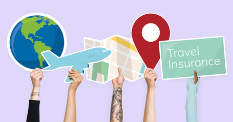 Hands holding travel icons clipart