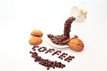 coffee, cookies and beans isolated on white