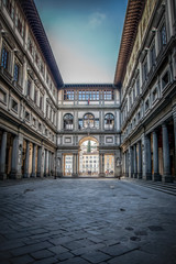 Uffizi Gallery. Piazza degli Uffizi square in the early Sunny autumn morning. Florence, Tuscany,...