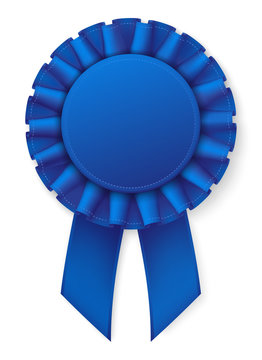 Blue realistic award badge. Fabric ribbon with texture. White thread border. Eps10 vector