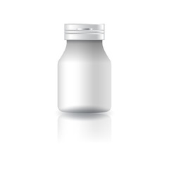 Blank white round supplements or medicine bottle with cap lid for beauty or healthy product. Isolated on white background with reflection shadow. Ready to use for package design. Vector illustration.
