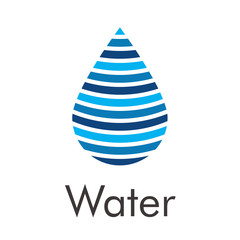 Logotipo abstracto con texto Water con gota con piezas paralelas en color azul