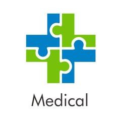 Logotipo abstracto con texto Medical con cruz como puzzle en color azul y verde