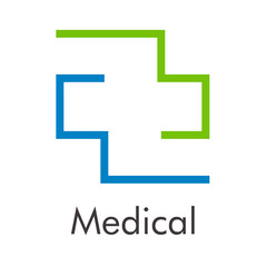 Logotipo abstracto con texto Medical con cruz lineal dividida en azul y verde