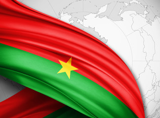Burkina flag of silk with copyspace for your text or images and world map background-3D illustration