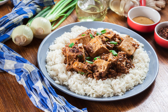 Mapo Tofu - Sichuan Spicy Dish Served With Rice