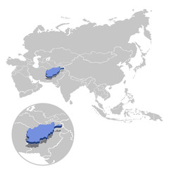 Fototapeta premium Vector illustration of Afghanistan in blue on the grey model of Asia map with zooming replica of country.