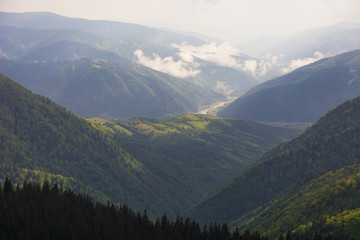 Mountain spring landscape with a small meadow in the valley.