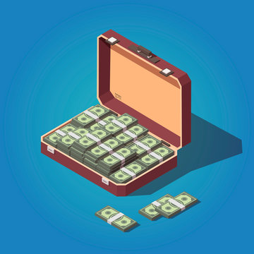 Vector Isometric Open Suitcase Full Of Money Illustration.