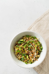 Sprouts of different seeds with green leaf in bowl