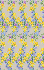 Composition of yellow irises and clematis.Seamless background pattern version 5