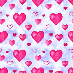 Beautiful illustration Seamless pattern with pink watercolor hearts. Background romantic design. for greeting cards and invitations of the wedding, birthday, Valentine's Day, mother's day