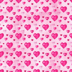 Watercolor hearts seamless background. Pink watercolor heart pattern. Colorful watercolor romantic texture.