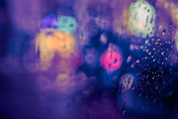Abstract circular bokeh background of night light with raindrops