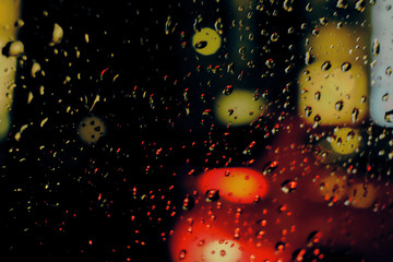 Abstract circular bokeh background of night light with raindrops