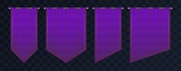 Set of violet royal medieval banners. Pennant templates with iron poles and gold elements. Empty flags with texture and pattern. Eps10 vector
