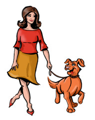 Br&uuml;nette junge Frau mit Hund an der Leine