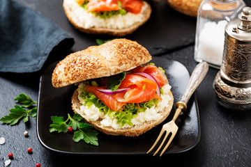 Smoked Salmon Sandwich with cream cheese for breakfast .