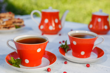 Time to drink tea outdoors in the garden. Summertime scene