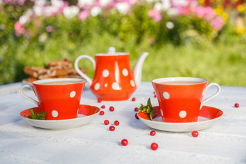 Time to drink tea outdoors in the garden. Summertime scene