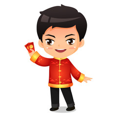 Chines boy in red traditional uniform vector cartoon