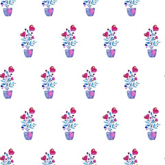blue and pink love bouquet in a pot, watercolor seamless pattern, printing on clothes, valentine's day, romantic style