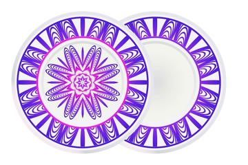 Mandala circular abstract floral lace pattern. Set of 2 matching decorative plates. Decorative mandala ornament. Vector illustration. Purple color