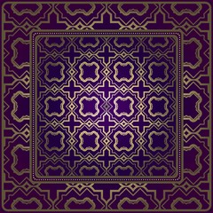 Decorative Ornament With Geometric Decoration. Symmetric Pattern . For Print Bandanna, Shawl, Tablecloth, Fabric Fashion, Scarf, Design. Purple, gold color