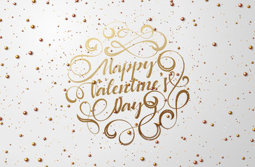 Happy Valentines Day lettering greeting card. Text gold color, gray background with golden beads round. Festive banner and poster. Celebration texture