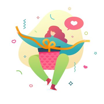Template design for  valentine's day with cute  romantic character. Poster of love with modern flat girl and pattern heart shaape. Woman wrapping gift box for valentine offer. Promotion banner. Vector