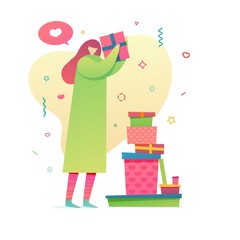 Template design for  valentine's day with cute  romantic character. Poster of love with modern flat girl and pattern heart shape. Woman wrapping gift box for valentine offer. Promotion banner. Vector