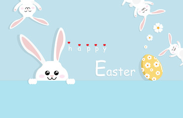 Happy Easter greeting card, poster, with cute, sweet bunny and flowers Colorful Happy Easter greeting card with rabbit, bunny, egg.