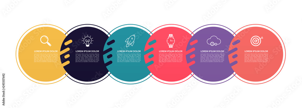 Poster infographics circles pattern design with 6 step structure. template diagrams, pesentation and chart,