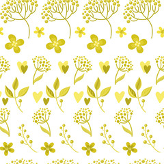 Vector seamless pattern. Golden botanical ethnic painting for design of printed products, backgrounds. Imitation of drawing with golden felt-tip pen.