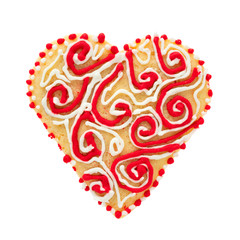 Shortbread dough cookies in the shape of a heart, decorated with icing. Isolated on white background. Attribute of Valentine's Day