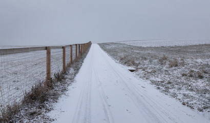 Fence. Winter. Morning. Snow. Road. Rural