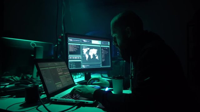 Hackers making cryptocurrency fraud using virus software and computer interface. Blockchain cyberattack, ddos and malware concept.