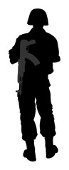 Saluting army soldier with rifle on duty vector silhouette (Memorial day, Veteran's day, 4th of July, Independence day ) semi automatic, Kalashnikov on shoulder. Soldier keeps the watch, on the guard.