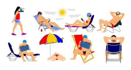Sunny day on the beach vector illustration. (girl, man, woman, swimmer, tourists). Water sport. Happy people active life. Skin care protection concept. Summer time. Holiday rest and relaxation.