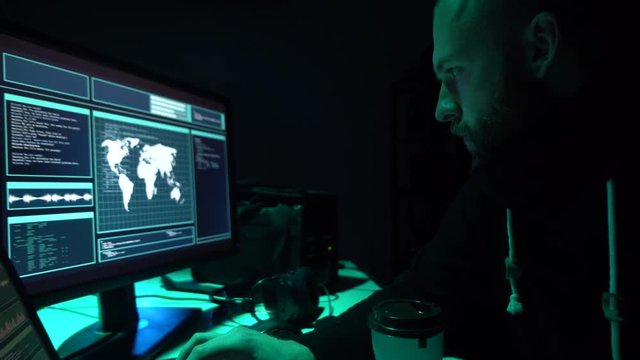 Hackers making cryptocurrency fraud using virus software and computer interface. Blockchain cyberattack, ddos and malware concept.