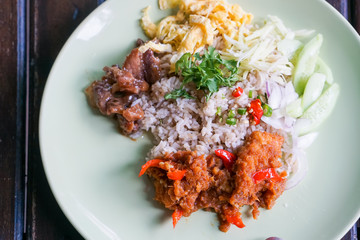 Rice Seasoned with Shrimp Paste, and Fried Fish curry.