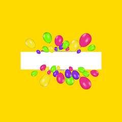 Blank banner with color balloons and confetti. Vector festive background. Happy birthday concept