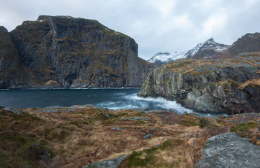 Landscape of sea and cliff of fjord in Lofoten Norway