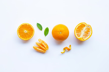 High vitamin C. Fresh orange citrus fruit with leaves isolated on white